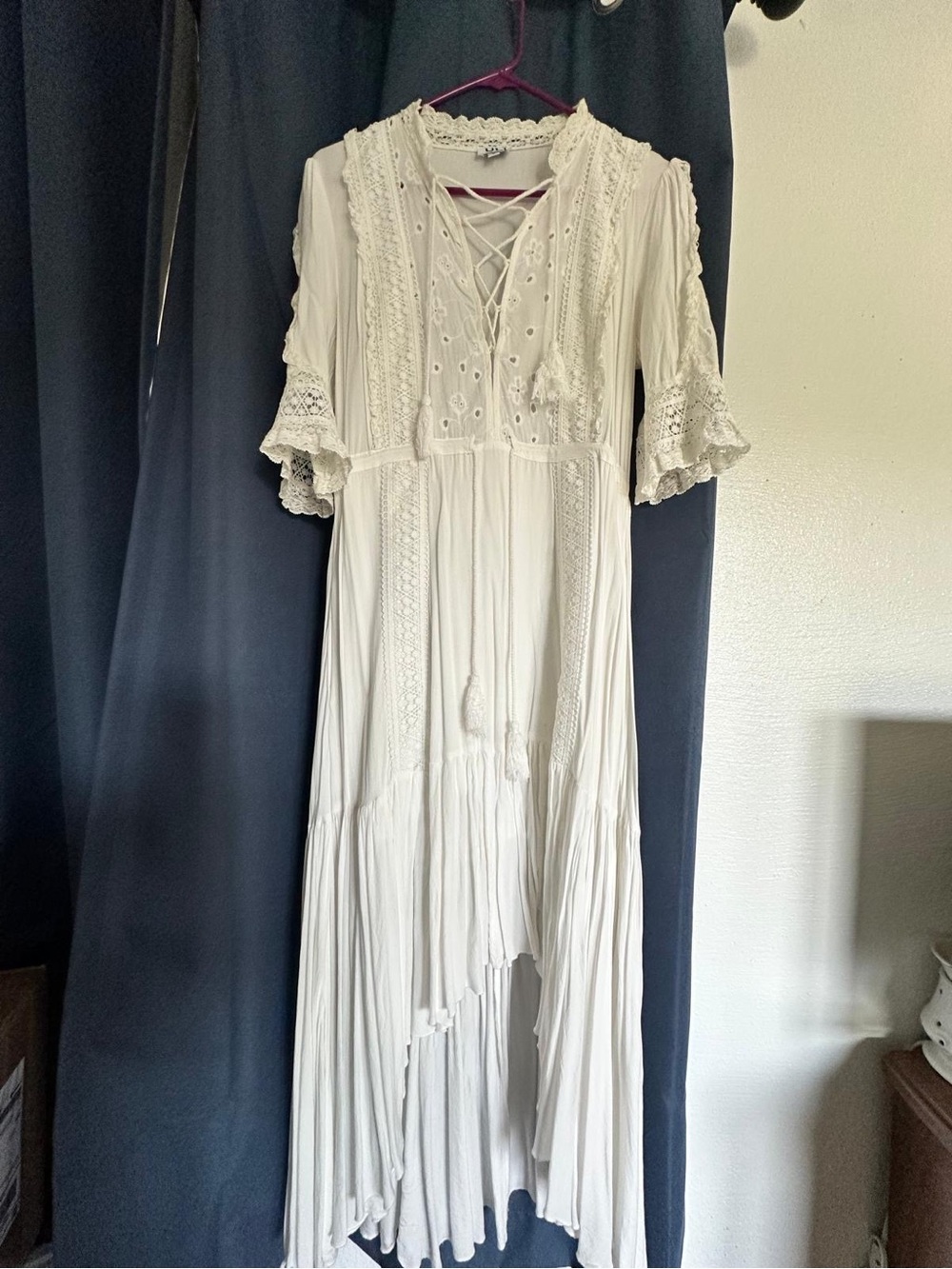 Boho Lace-Trim Cream Maxi Dress with Tassel Tie